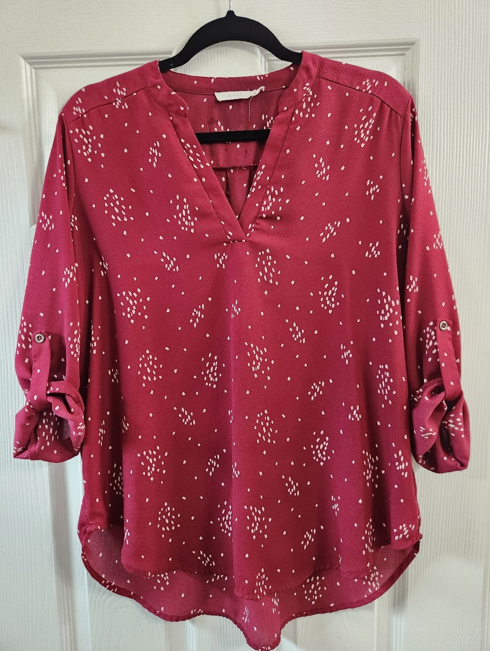 Stitch Fix Women’s V-Neck Roll-Sleeve Blouse — Burgundy with White Dot Print